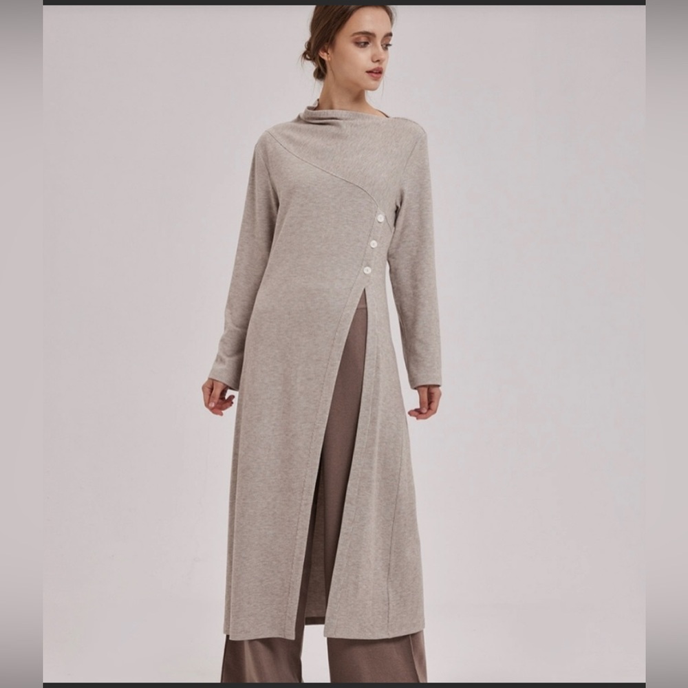 Asymmetrical Button Front Long Tunic in Light Taupe